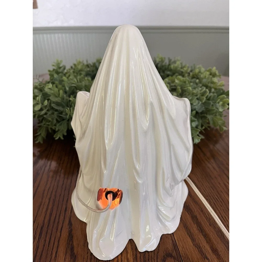 Vintage 1972 Byron Mold Halloween Light Up Ceramic Ghost With Pumpkin